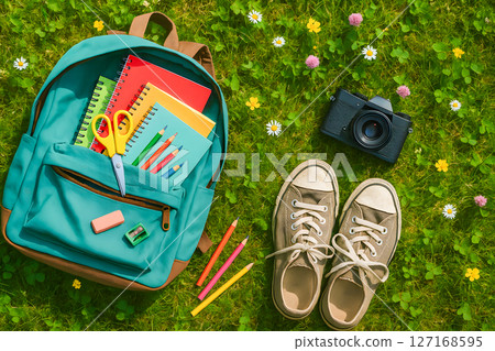 Open turquoise backpack with colorful school supplies, vintage camera, and sneakers on green grass, symbolizing back to school and outdoor learning Open turquoise backpack with colorful school supplies, vintage camera, and sneakers on green grass, symbolizing back to school and outdoor learning 127168595