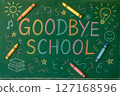 Colorful chalk message Goodbye School on a green chalkboard, with playful doodles and scattered crayons, symbolizing the joyful end of the academic year 127168596