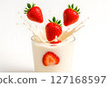 Fresh, ripe strawberries are dynamically splashing into a glass of creamy milk, creating an energetic splash and vibrant visual for healthy beverage concepts with ample copy space 127168597