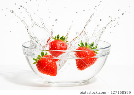 Three fresh red strawberries splash into a glass bowl of clear water, signifying natural freshness, healthy eating, and purity with ample copy space Three fresh red strawberries splash into a glass bowl of clear water, signifying natural freshness, healthy eating, and purity with ample copy space 127168599