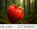 Vibrant red strawberry with water droplets and small ants exploring its surface, emphasizing natural organic growth and sweet garden fruit 127168601