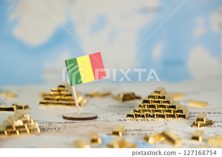 Small Mali flag on blurred world map among miniature gold bar piles, symbolizing national resource wealth and global economic potential with ample copy space Small Mali flag on blurred world map among miniature gold bar piles, symbolizing national resource wealth and global economic potential with ample copy space 127168754