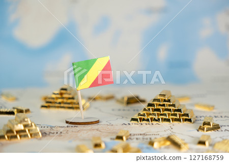 Congo flag on a world map with golden bars, symbolizing global wealth, natural resources, and investment potential in a geopolitical context with copy space 127168759