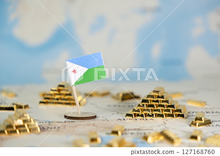 Djibouti flag on a world map with stacked golden bars, symbolizing national wealth, economic resources, global investment, trade, and strategic financial potential 127168760
