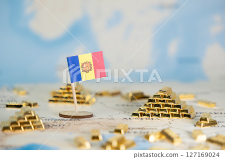 Andorra flag on map with gold bars symbolizes the nation's economic strength, financial prosperity, and global investment landscape, providing ample negative space Andorra flag on map with gold bars symbolizes the nation's economic strength, financial prosperity, and global investment landscape, providing ample negative space 127169024