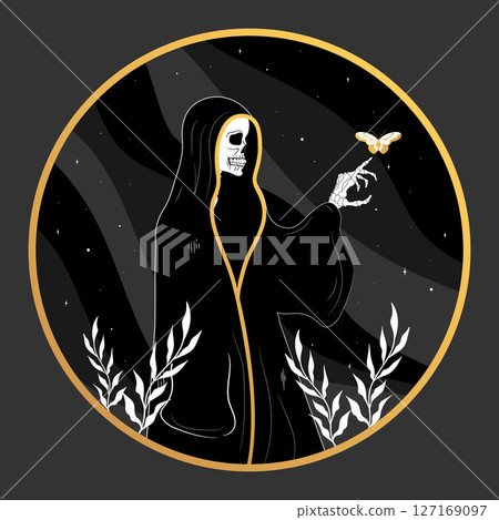 Death skeleton in a cassock emblem. Mystery, astrology, esoteric. Vector illustration Death skeleton in a cassock emblem. Mystery, astrology, esoteric. Vector illustration 127169097