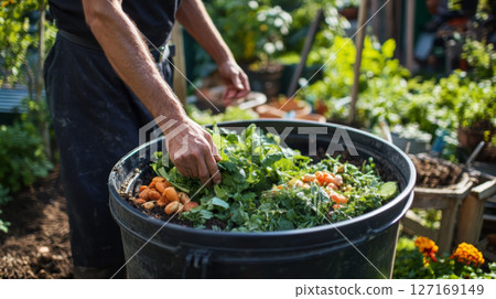 Person Adding Greens to Compost in Garden Bin 127169149