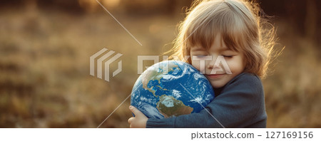 Child Embracing Earth Model Outdoors Child Embracing Earth Model Outdoors 127169156