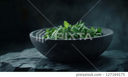 Rustic Bowl of Fresh Green Arugula 127169175