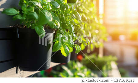Vertical herb garden in the morning sunlight 127169185