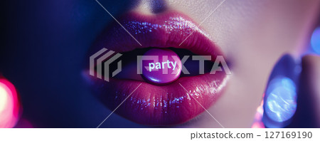 Neon Glowing Lips Holding a Party Capsule 127169190