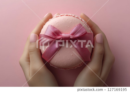 Elegant pink macarons with a bow on top 127169195