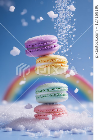 Macarons stacked in a dreamy cotton candy cloud scene with a rainbow 127169196