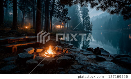 Sunset landscape with campfire and wooden cabin in forest Sunset landscape with campfire and wooden cabin in forest 127169336