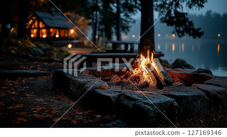 Sunset landscape with campfire and wooden cabin in forest 127169346
