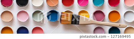 Paint containers in a neat row with a paintbrush 127169495