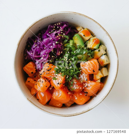 Fresh Salmon Poke Bowl with Cucumber and Sesame 127169548