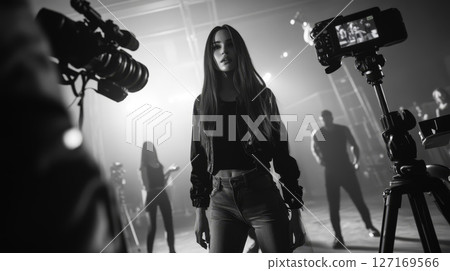 Silhouette of Woman in Studio with Film Crew 127169566