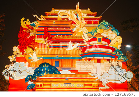 Beijing, China. Large Lantern Composition At Zigong Lantern Festival. National Color. Traditional Red Chinese Gate Paifang, Pailou. Chinese Dragon And Fenghuang Are Mythological Birds. Lantern 127169573