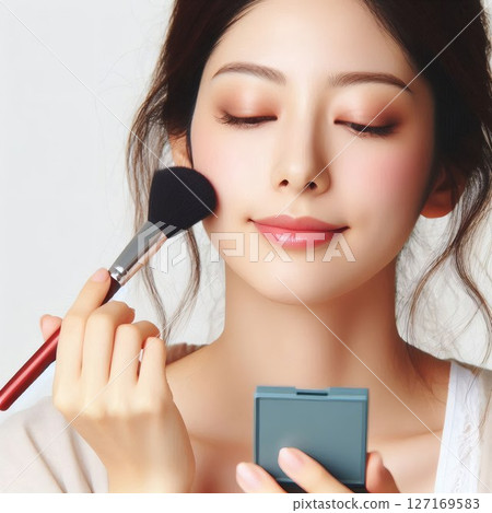 Japanese woman applying makeup in front of a compact mirror 127169583