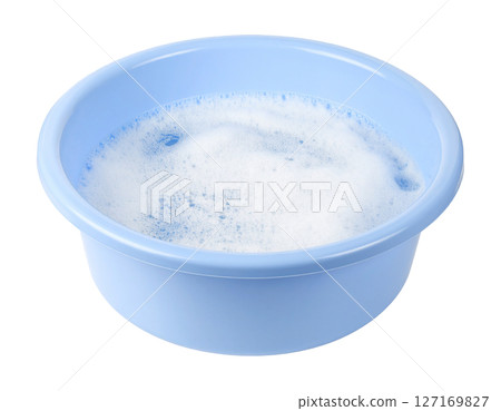 Light Blue Plastic Basin with Soapy Water 127169827