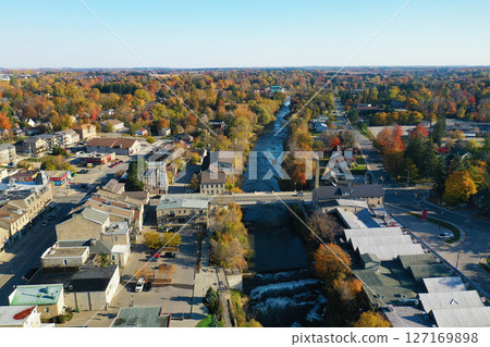 Aerial view of Fergus, Ontario, Canada in colorful fall Aerial view of Fergus, Ontario, Canada in colorful fall 127169898