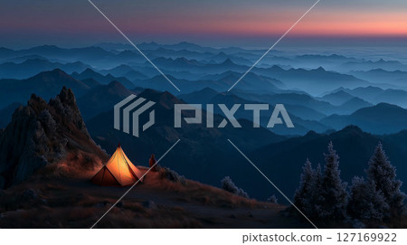 橙色帳篷和山頂的黃昏壯麗景色 127169922