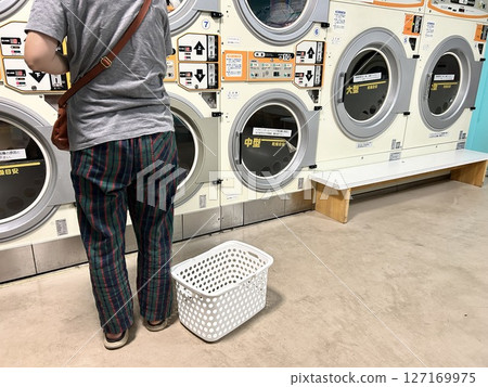 Rear view of a woman operating a machine at a laundromat 127169975