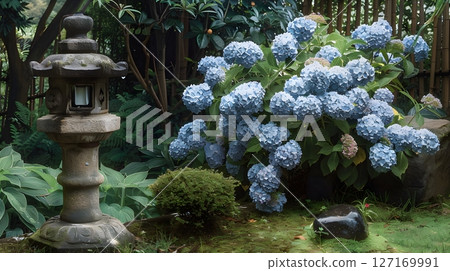 A Japanese garden landscape with hydrangeas and stone lanterns 127169991