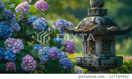有繡球花和石燈籠的日本庭園景觀 127169992