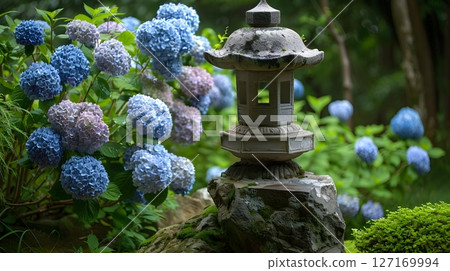 A Japanese garden landscape with hydrangeas and stone lanterns A Japanese garden landscape with hydrangeas and stone lanterns 127169994