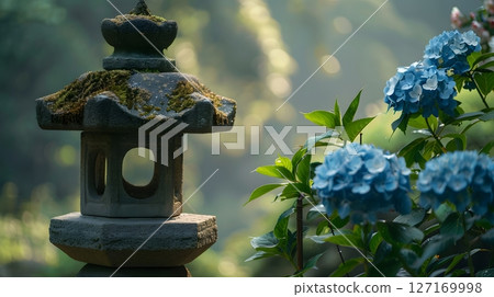 有繡球花和石燈籠的日本庭園景觀 127169998