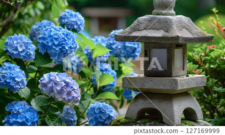 A Japanese garden landscape with hydrangeas and stone lanterns 127169999