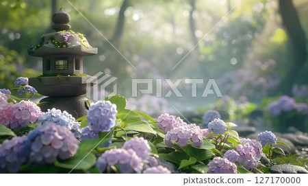 有繡球花和石燈籠的日本庭園景觀 127170000