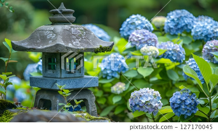 有繡球花和石燈籠的日本庭園景觀 127170045