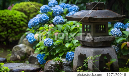 A Japanese garden landscape with hydrangeas and stone lanterns 127170046