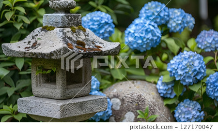 有繡球花和石燈籠的日本庭園景觀 有繡球花和石燈籠的日本庭園景觀 127170047