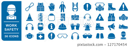 Work safety equipment icons set. Safety icon symbol collection. Essential construction and industry signs. Safety and health protection equipment. Vector illustration image. Isolated on white backgrou 127170454