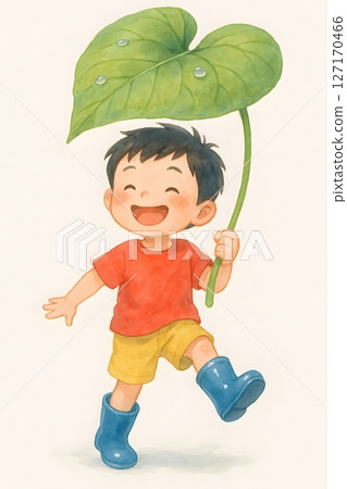 An illustration of a lively boy in rain boots playing in the rain with a large leaf umbrella 127170466