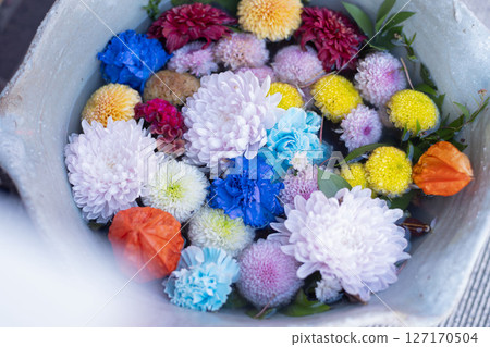 Flower water fountain at shrine, Japanese chozuya Flower water fountain at shrine, Japanese chozuya 127170504