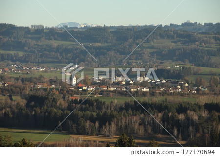 Beautiful countryside with a small town in the middle 127170694
