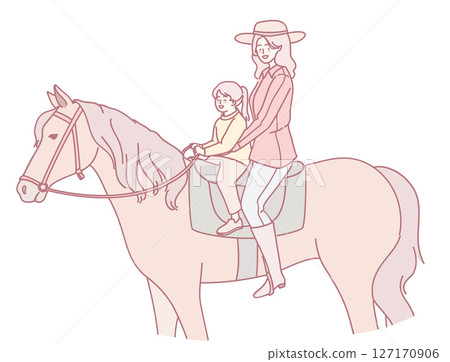 A Mother and her Child Joyfully Riding a Horse Together, Creating a Heartwarming Bonding Experience A Mother and her Child Joyfully Riding a Horse Together, Creating a Heartwarming Bonding Experience 127170906