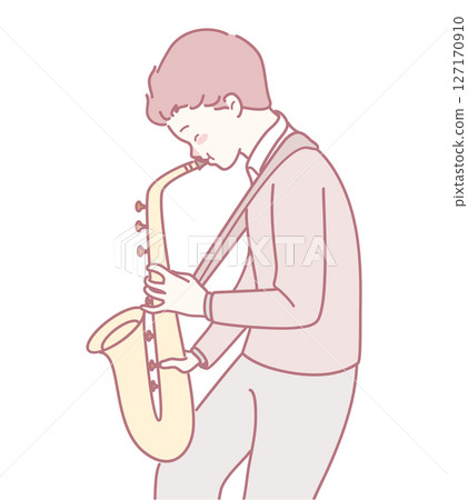 A Young Musician Enthusiastically Playing a Saxophone Depicted in a Vibrant Stylized Illustration 127170910