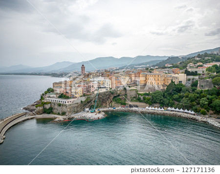 Aerial view of the Citadel of Bastia in the north of Corsica island - Genoese city overlooking the Mediterranean Sea Aerial view of the Citadel of Bastia in the north of Corsica island - Genoese city overlooking the Mediterranean Sea 127171136