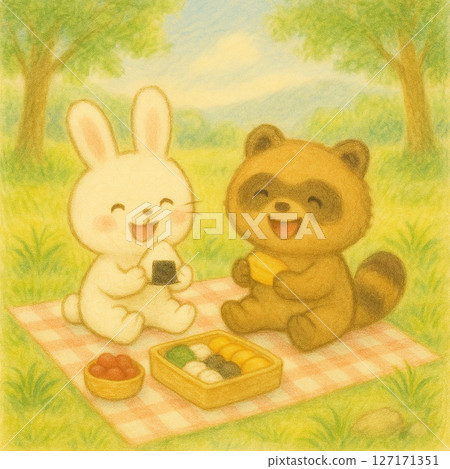 Illustration of a sports day with rabbits and raccoon dogs eating lunch boxes Illustration of a sports day with rabbits and raccoon dogs eating lunch boxes 127171351