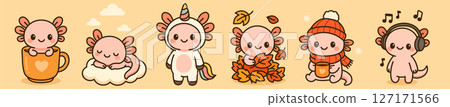Cute kawaii axolotl characters in seasonal outfits: in cup, on cloud, unicorn costume, with leaves, winter clothes, and headphones. Perfect for kids and seasonal projects. Cute kawaii axolotl characters in seasonal outfits: in cup, on cloud, unicorn costume, with leaves, winter clothes, and headphones. Perfect for kids and seasonal projects. 127171566