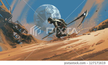 Futuristic Warrior with Scythe Leaps Through Desert Wreckage Under Full Moon Futuristic Warrior with Scythe Leaps Through Desert Wreckage Under Full Moon 127171619