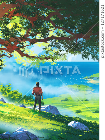 Man Standing on Hill Overlooks Peaceful Ocean and Green Coastline Man Standing on Hill Overlooks Peaceful Ocean and Green Coastline 127171621
