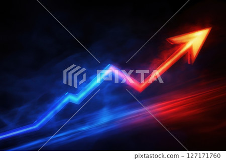 Dynamic red arrow points upward on futuristic digital screen with glowing blue and orange elements. Abstract representation of financial growth, investment increase, and market expansion. Banner 127171760