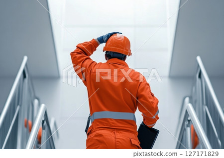 Engineer in hard hat using digital tablet in high-tech industrial factory. Focused male technician monitoring production process in modern automated manufacturing environment. Copy space. Banner 127171829